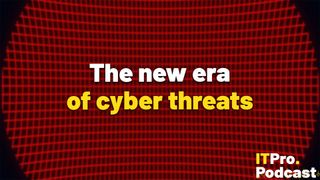 The words "The new era of cyber threats" set against a red, glowing curved grid on a black background. The words "of cyber threats" are yellow, while the others are white. The ITPro Podcast logo is in the bottom right-hand corner.