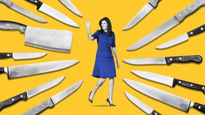 Photo composite of Nikki Haley surrounded by knives