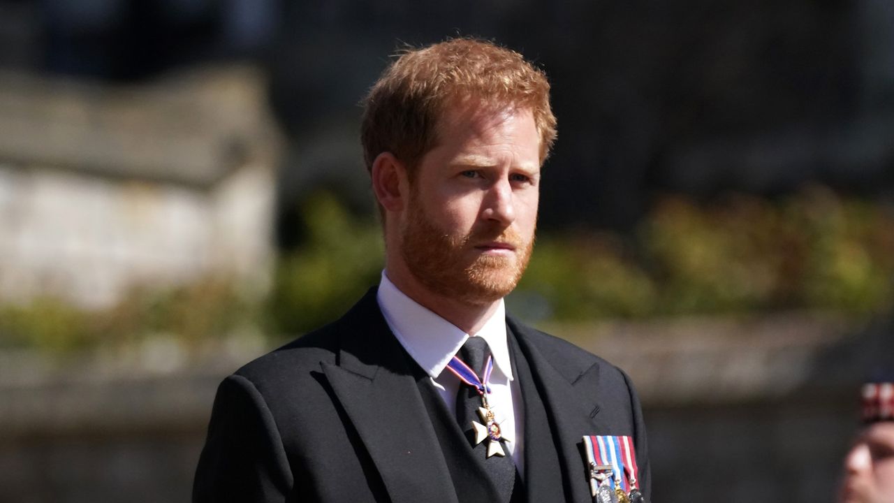 Prince Harry arrives for the funeral of Prince Philip, Duke of Edinburgh at St George&#039;s Chapel at Windsor Castle on April 17, 2021 in Windsor, England