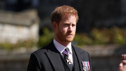 Prince Harry arrives for the funeral of Prince Philip, Duke of Edinburgh at St George's Chapel at Windsor Castle on April 17, 2021 in Windsor, England