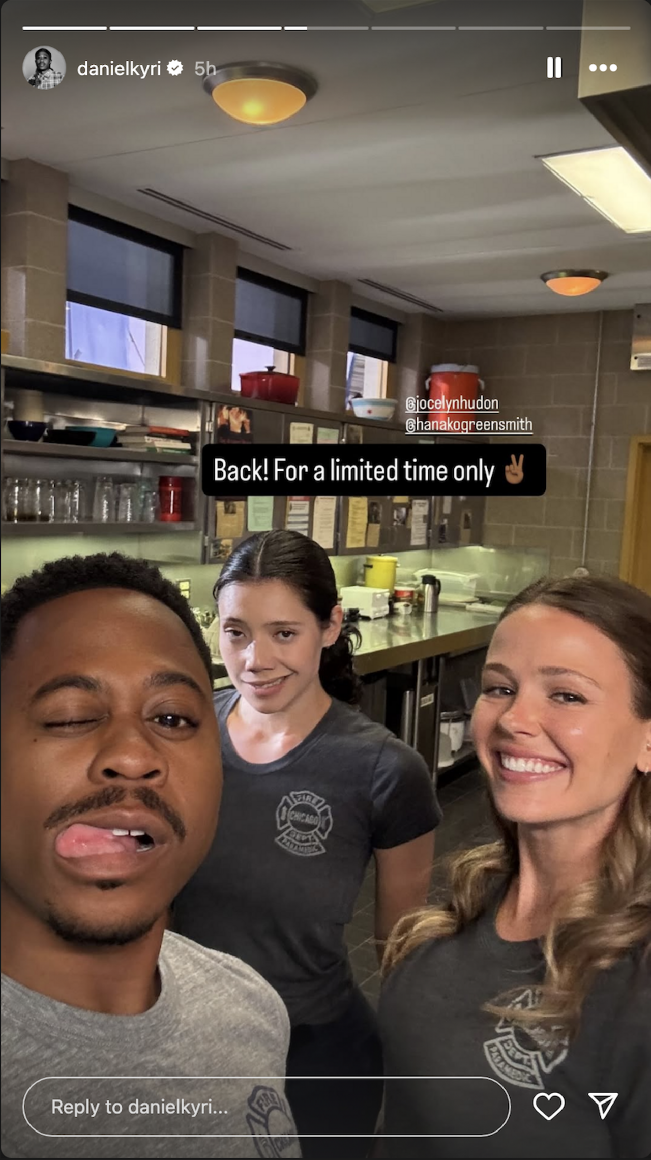 Daniel Kyri's Instagram Story on set of Chicago Fire Season 14