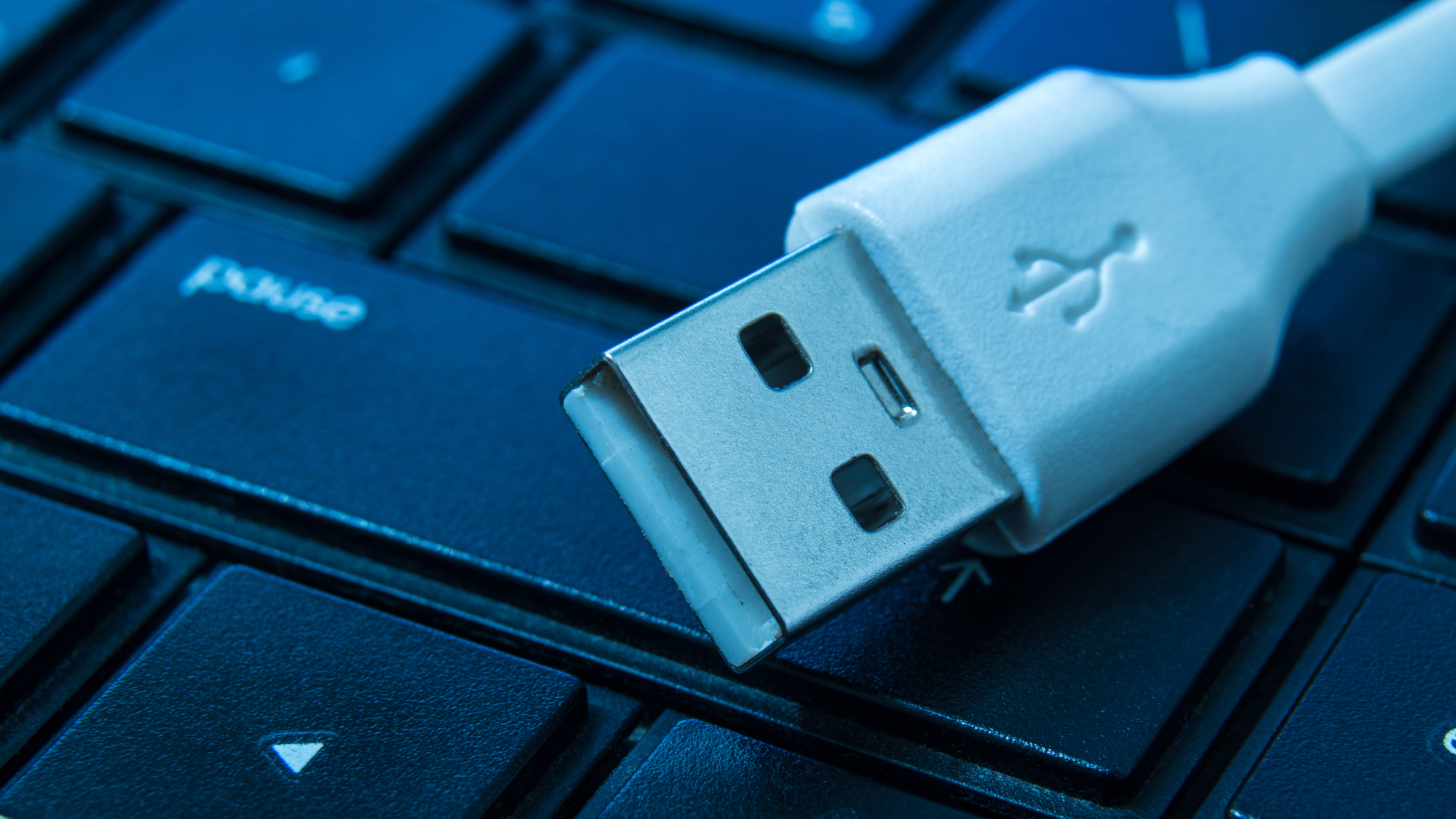 USB-A cable on a keyboard showing a close-up of the connector