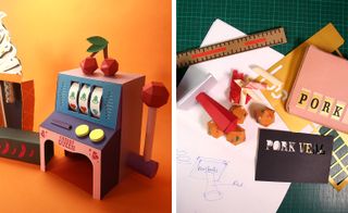 Two side-by-side photos of props for the Papermeal videos. The first photo is of a "Cherry Queen" slot machine and a whipped cream machine pictured against an orange background. And the second photo is of drawings along with pork related props and pasta and meatballs made from paper
