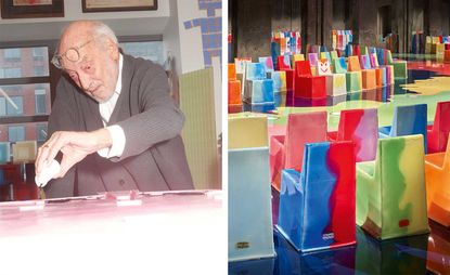 Designer Gaetano Pesce and colourful chairs as part of set design