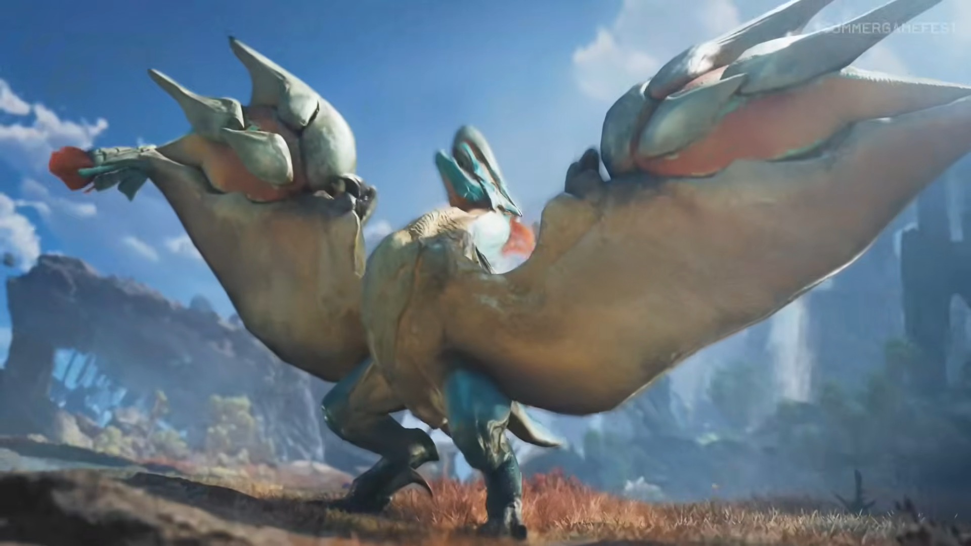 A majestic, dragon-like creature with expansive wings and vibrant colors stands on rocky terrain under a bright sky, evoking a sense of grandeur.
