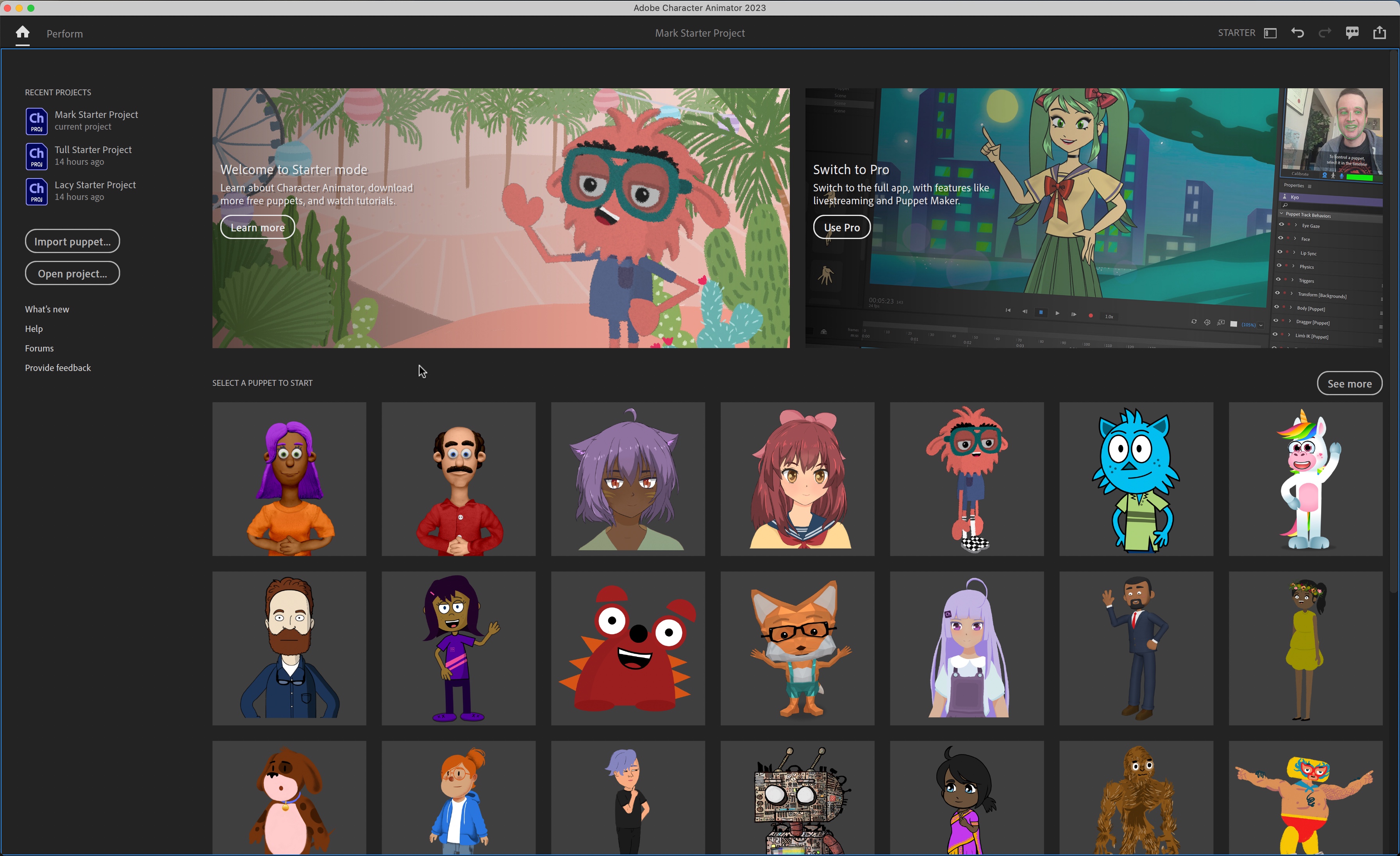 Adobe Character Animate animation software in action