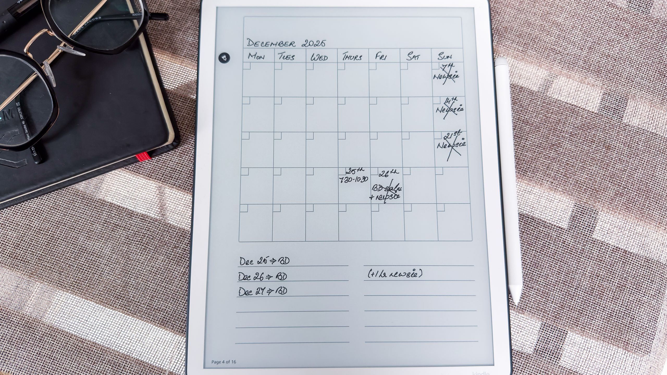 A calendar template on the 3rd generation Kindle Scribe