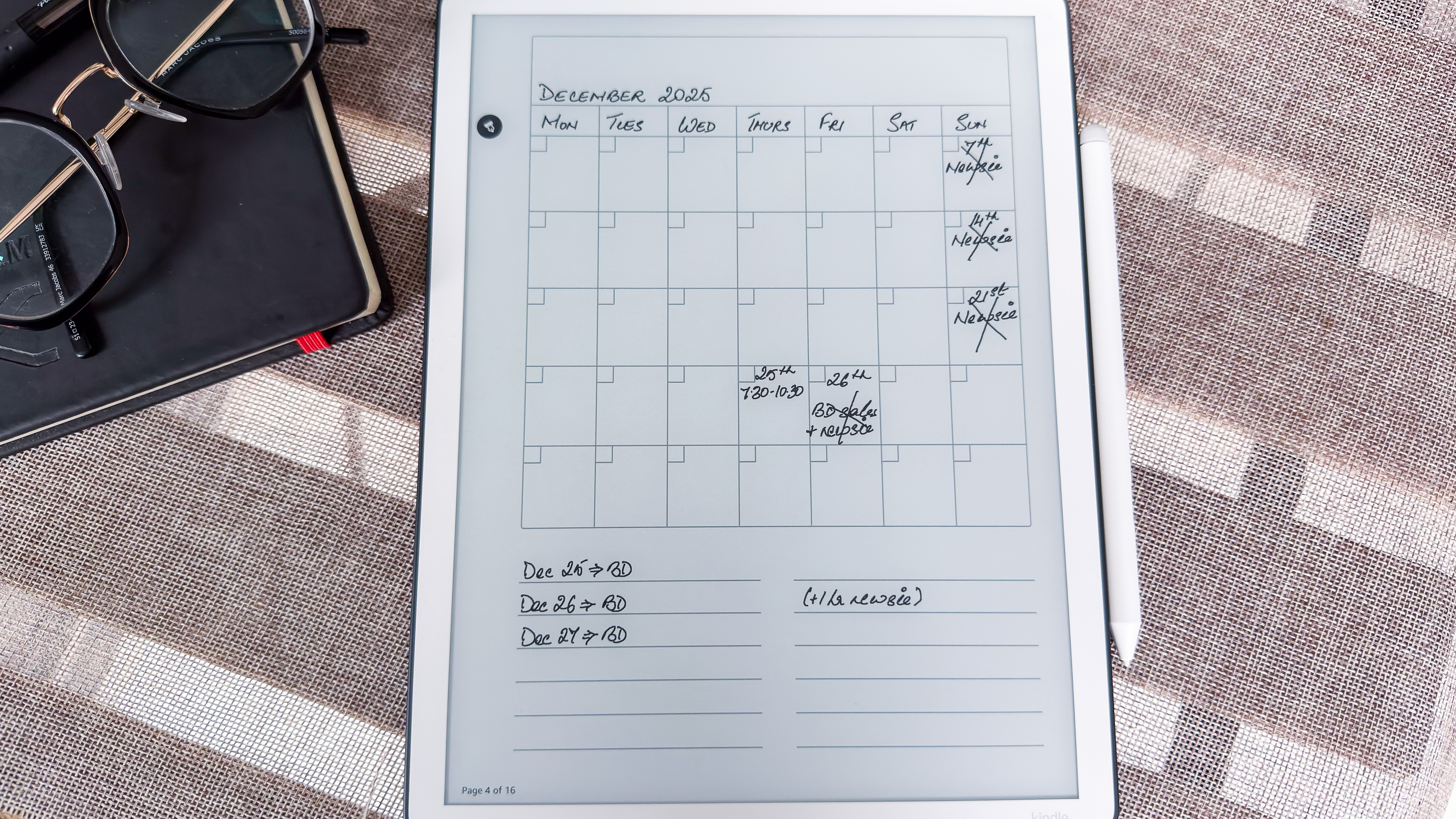 A calendar template on the 3rd generation Kindle Scribe