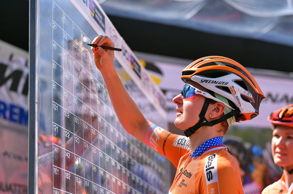 Former winner Megan Guarnier (Boels Dolmans) at the start of stage 3 at the 2018 Giro Rosa