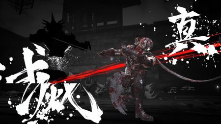 The screen is filtered black with huge Japanese characters in Ninja Gaiden 4 as Ryu performs a finishing move that slices all enemies ahead of him in two