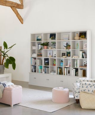 bright white living room with wall storage holding books and decorative pieces