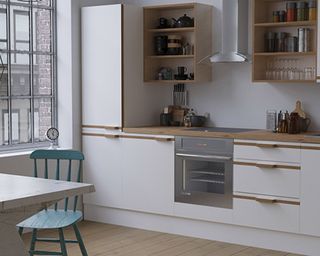 white plywood kitchen with wooden shelves and blue dining chair