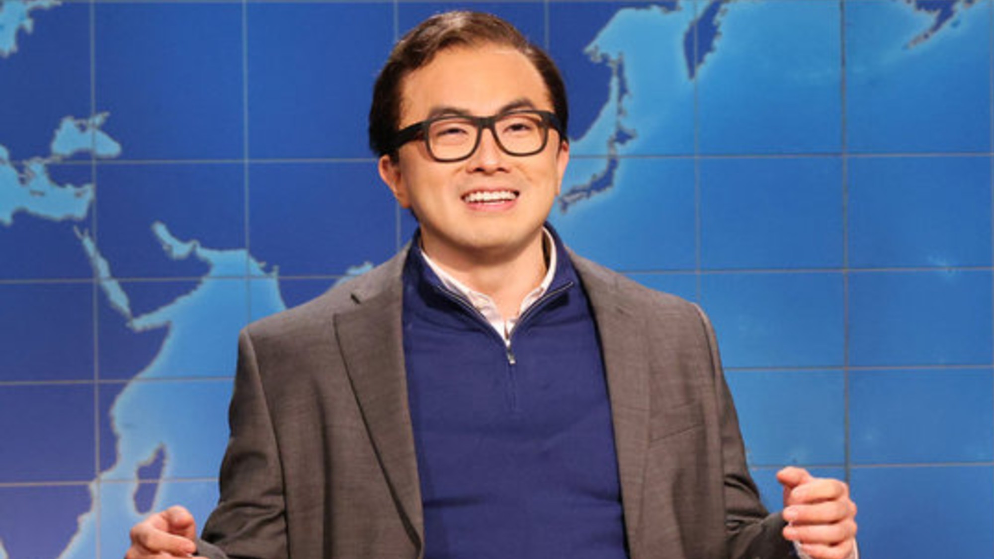 Bowen Yang as George Santos during Weekend Update on Saturday Night Live.