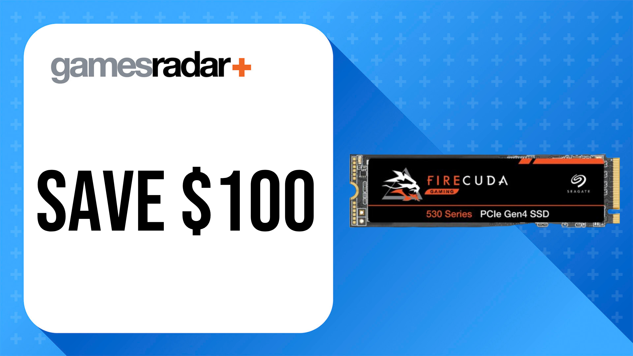 Seagate FireCuda 530 1TB deal image with $100 saving stamp and blue background