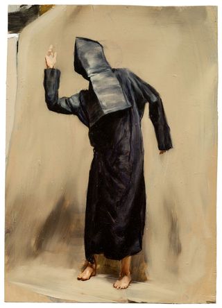 The painting of a figure dressed in black robes and a black hood drawn over its head so that we can't see its face. The figure is dancing in a ritualistic way.