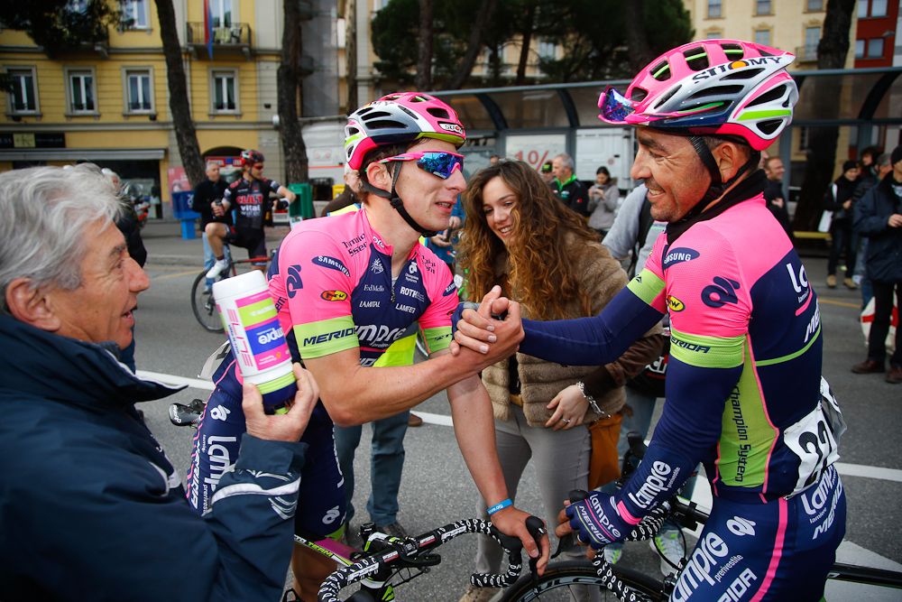 Niccolo Bonifazio (Lampre-Merida) gets congratulations from a teammate.