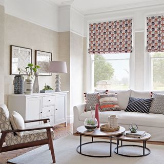 White and grey living room ideas with patterned blinds