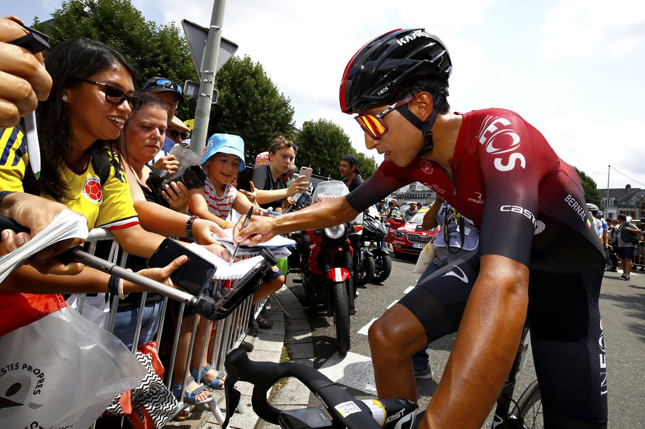 Egan Bernal (Team Ineos) greets his fans before the start of stage 14
