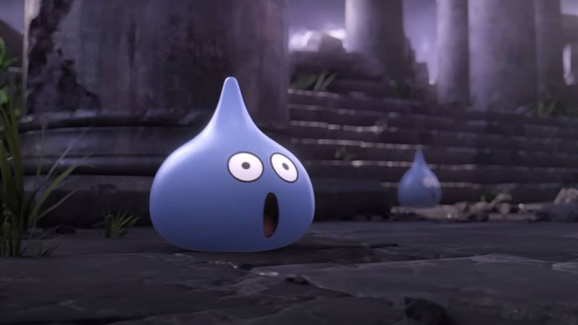 A Dragon Quest Slime enemy with a shocked expression in a screenshot from Super Smash Bros. Ultimate&#039;s Hero reveal trailer.