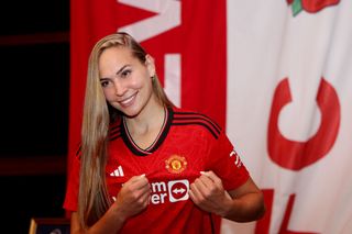 Irene Guerrero of Manchester United Women poses after signing for the club at Old Trafford on September 14, 2023 in Manchester, England