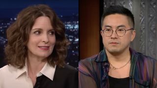 Side by side of Tina Fey and Bowen Yang.