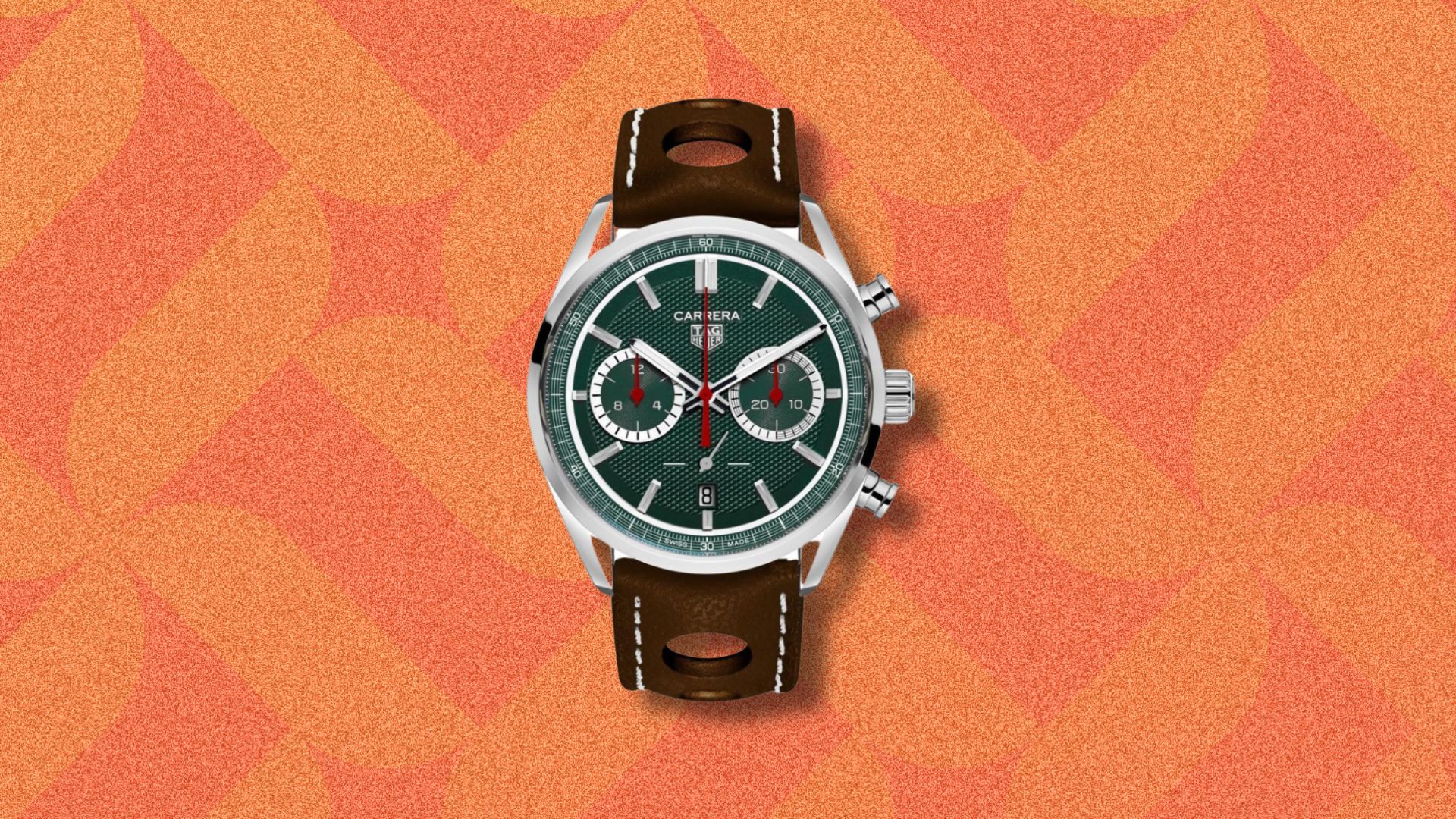 an image of the TAG Heuer Goodwood watch against an orange patterned background