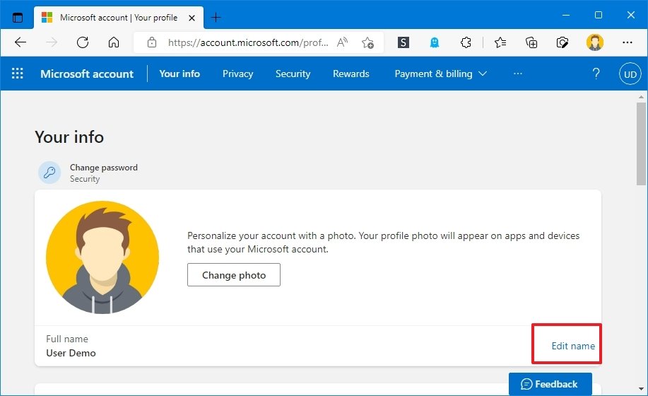 Microsoft account edit name button