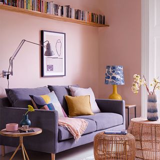 Living room shelving ideas with pink wall and purple sofa