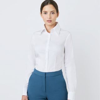 Best shirts for women include this white tailored, French cuffed shirt from Hawes and Curtis