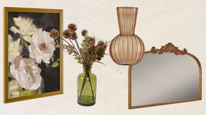 Bronze accents, floral paintings, and colorful glass vases