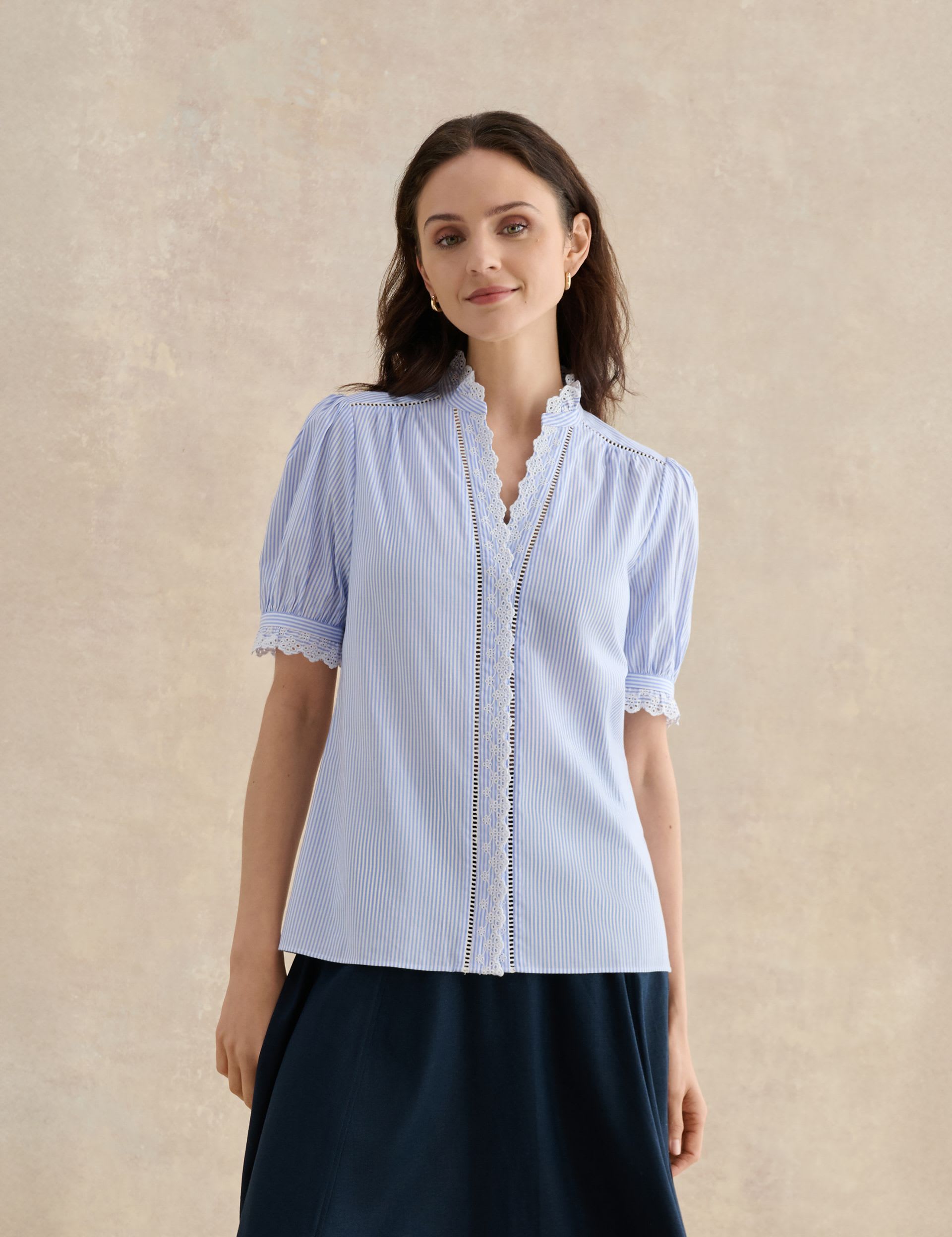 Cotton Blend Striped Broderie Detail Blouse