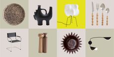 collage of homewares from La Redoute, including a splatterware plate, sculptural object, lamp, bamboo cutlery set, cantilevered chair, salt and pepper mill, spiky dish, and swing arm lamp