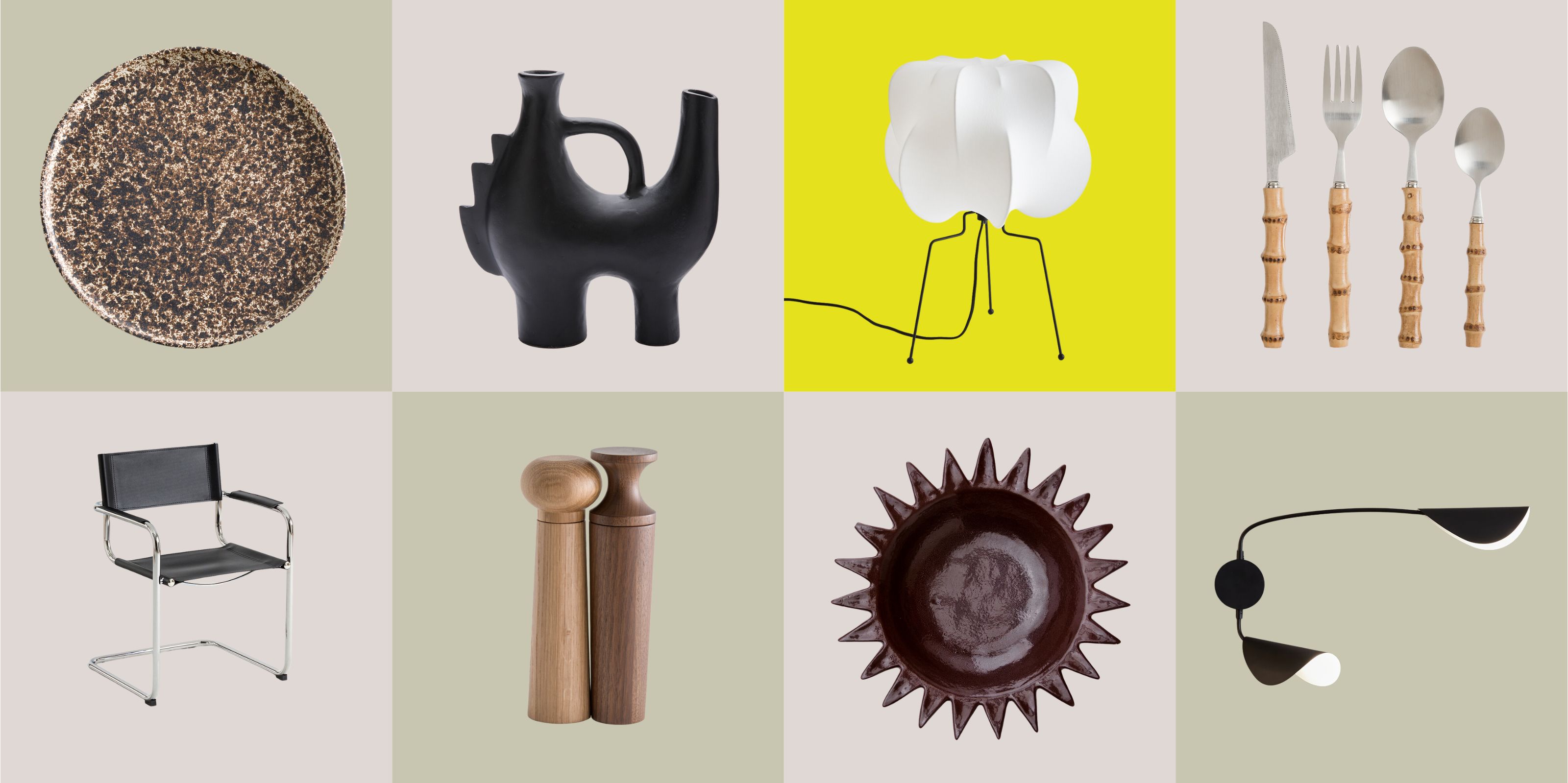 collage of homewares from La Redoute, including a splatterware plate, sculptural object, lamp, bamboo cutlery set, cantilevered chair, salt and pepper mill, spiky dish, and swing arm lamp