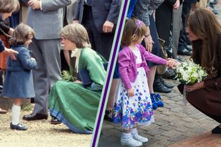 Princess Diana crouches down to meet little girl, split layout with Kate Middleton crouching down to meet a little girl