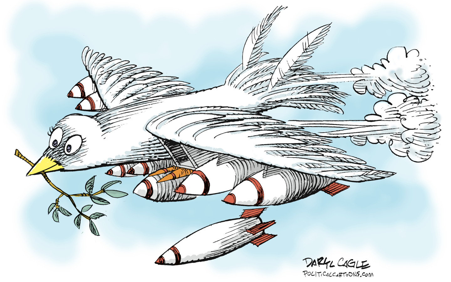 This wordless editorial cartoon depicts a dove of peace in the sky that has been transformed into a bomber plane. It carries eight large bombs and is in the midst of dropping one to the ground.
