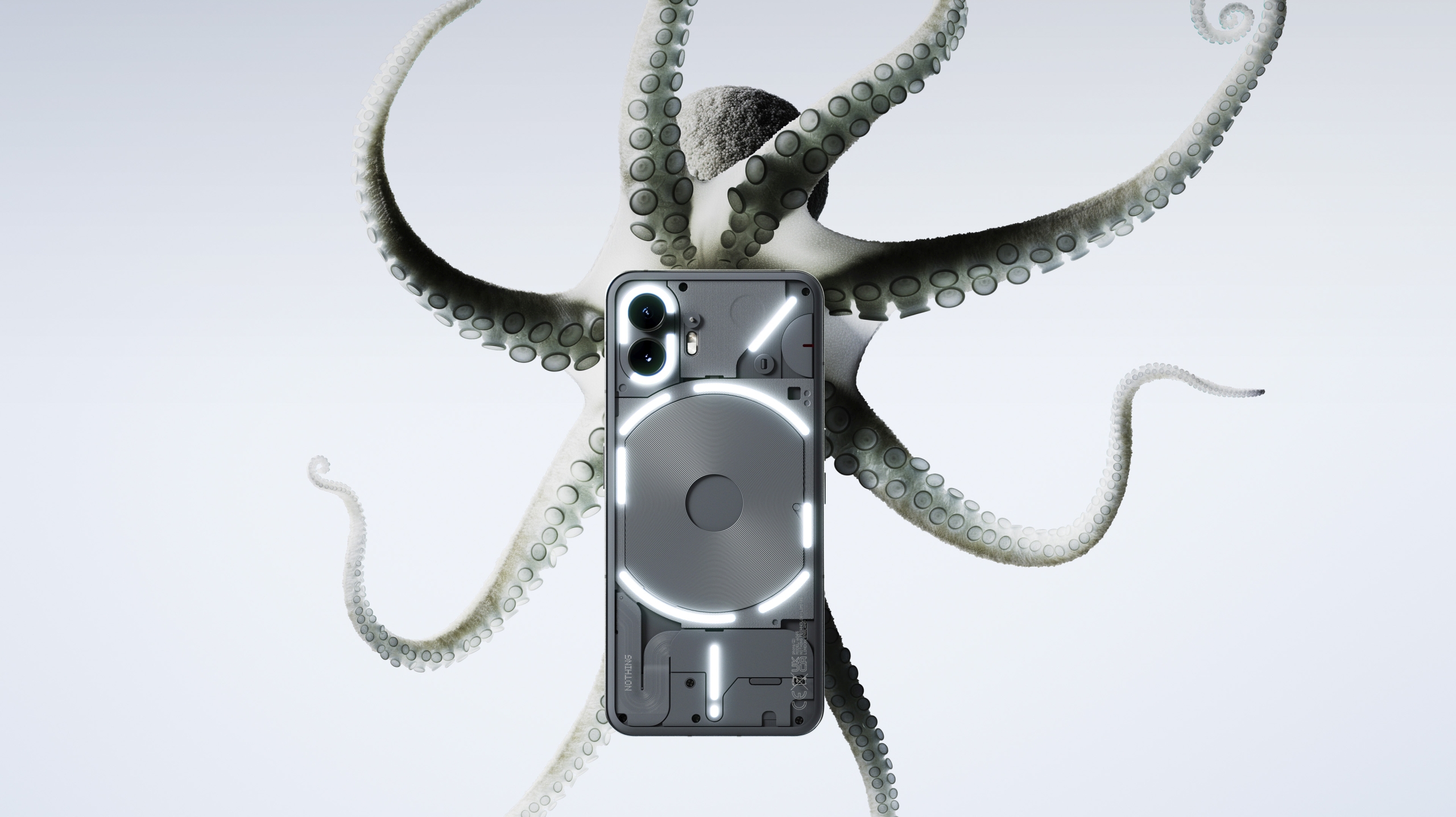 The Nothing Phone 2 from the back, in front of an octopus