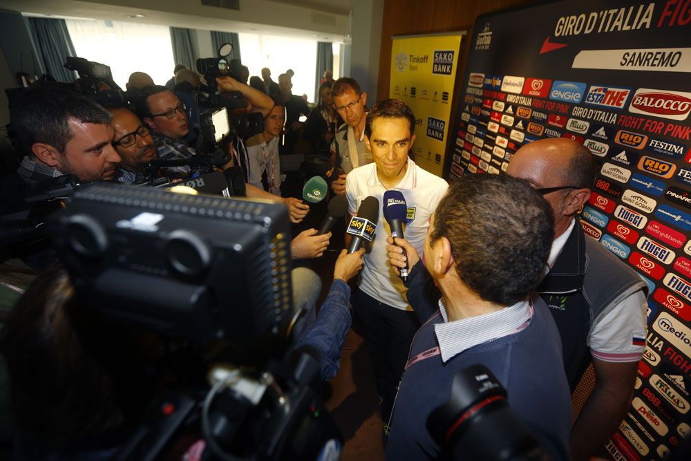 Alberto Contador talks to the press