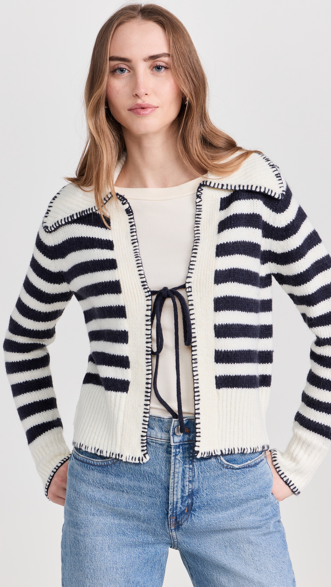 Tie Front Long Sleeve Sailor Knitted Cardigan