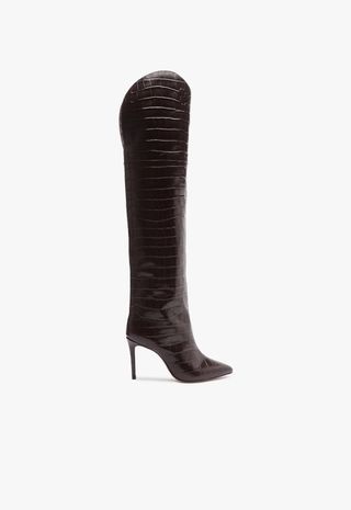 Maryana Over the Knee Leather Boot - 5 / Dark Chocolate / Crocodile-Embossed Leather