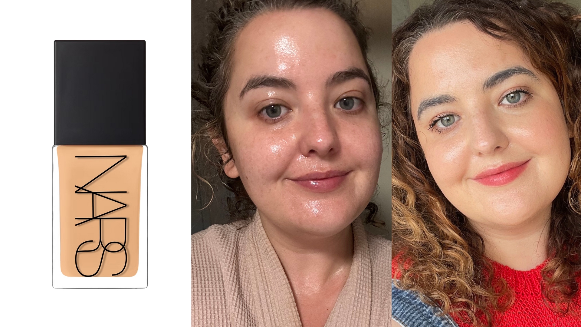 Image of NARS Light Reflecting Foundation, Rhiannon before applying the foundation, Rhiannon after applying the foundation