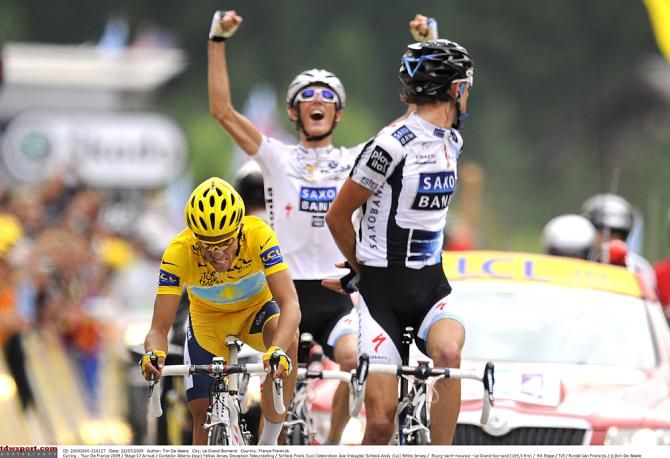 Andy Schleck celebrates the stage win of his brother Frank in the 2009 Tour de France