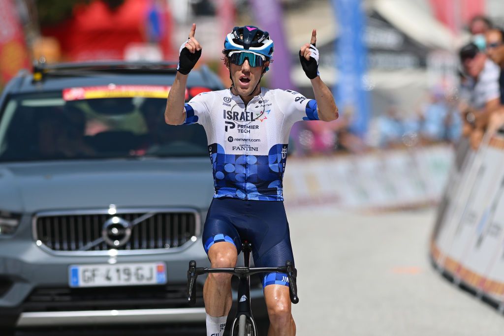 LES ANGLES FRANCE JUNE 18 Michael Woods of Canada and Team Israel Premier Tech celebrates winning during the 46th La Route dOccitanie La Depeche du Midi 2022 Stage 3 a 1887km stage from Sigean to Les Angles 1841m RDO2022 on June 18 2022 in Les Angles France Photo by Dario BelingheriGetty Images