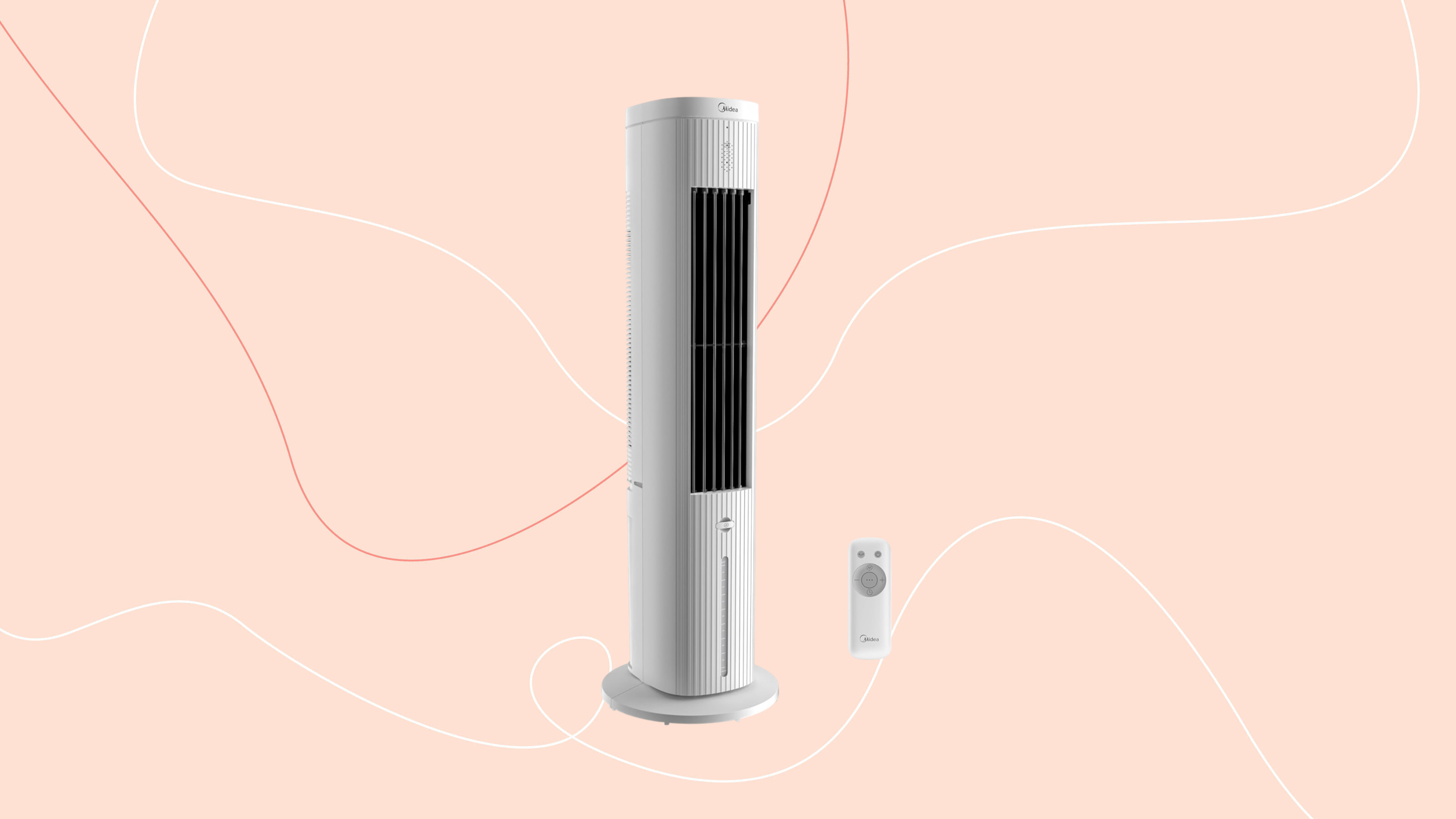 midea 5L air cooler on a pink graphic background