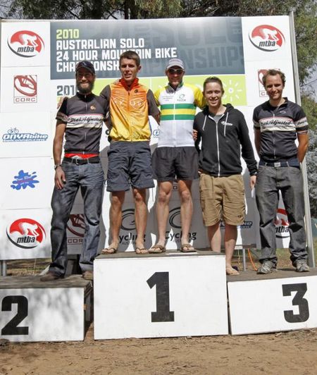 The Men's podium, L to R, Brett Bellchambers (4th and 1st Singlespeed), Andy Fellows (2nd), Jason English (Australian Champion), Scott Chancellor (3rd), Ed McDonald (5th and 2nd Singlespeed)