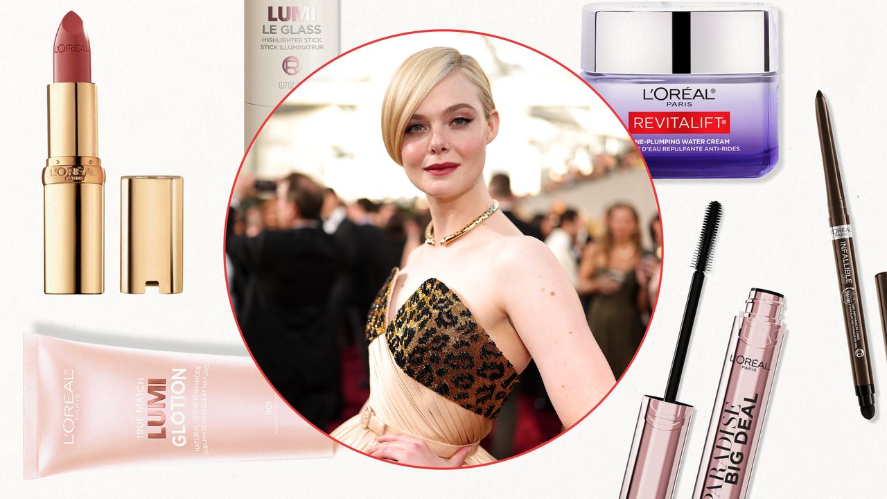 Elle Fanning surrounded by L&#039;Oréal beauty products