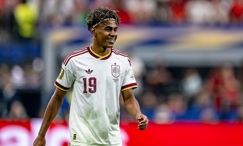 Lamine Yamal of Spain during the 2026 World Cup match between Portugal and Spain at Dallas Stadium on July 6, 2026, in Dallas, United States. 