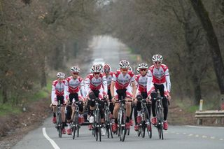 Tanner Putt and Keegan Swirbul lead the team through rollers on the way out of Santa Rosa.