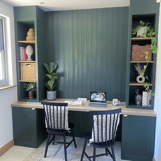 Green Ikea billy bookcase hack in a home office.