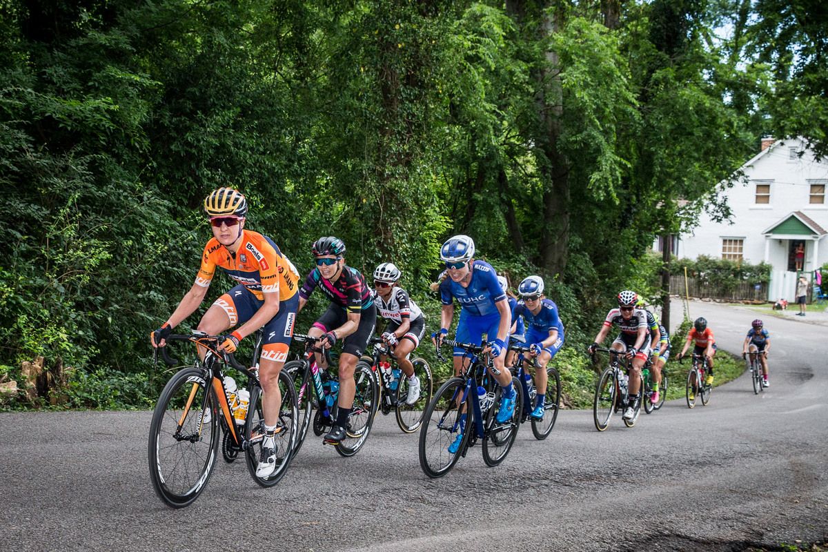 Megan Guarnier (Boels Dolmans) on the front of the chase group