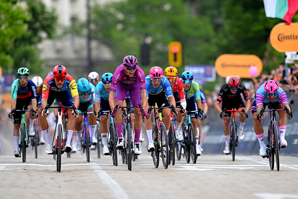 SOFIA, BULGARIA - MAY 10: (L-R) Jonathan Milan of Italy and Team Lidl - Trek, Paul Magnier of France and Team Soudal Quick-Step - Purple Points Jersey, Madis Mihkels of Estonia and Team EF Education - EasyPost and Dylan Groenewegen of Netherlands and Team Unibet Rose Rockets sprint at finish line during the 109th Giro d&amp;apos;Italia 2026, Stage 3 a 175km stage from Plovdiv to Sofia / #UCIWT / on May 10, 2026 in Sofia, Bulgaria. (Photo by Tim de Waele/Getty Images)